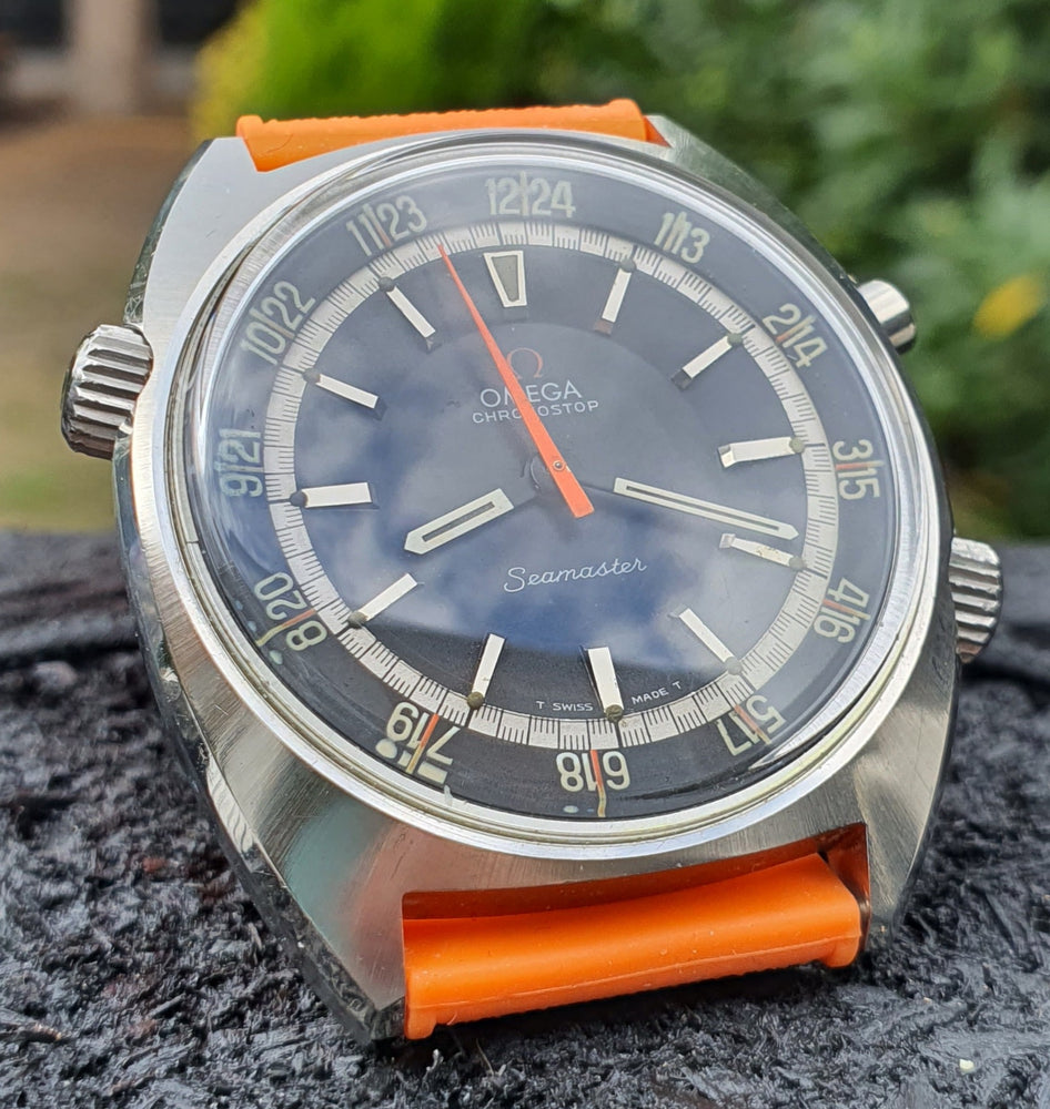 Omega Seamaster Chronostop Dive Style Watch with 24 Hour Inner Bezel Model 145.008 in Stainless Steel 1968