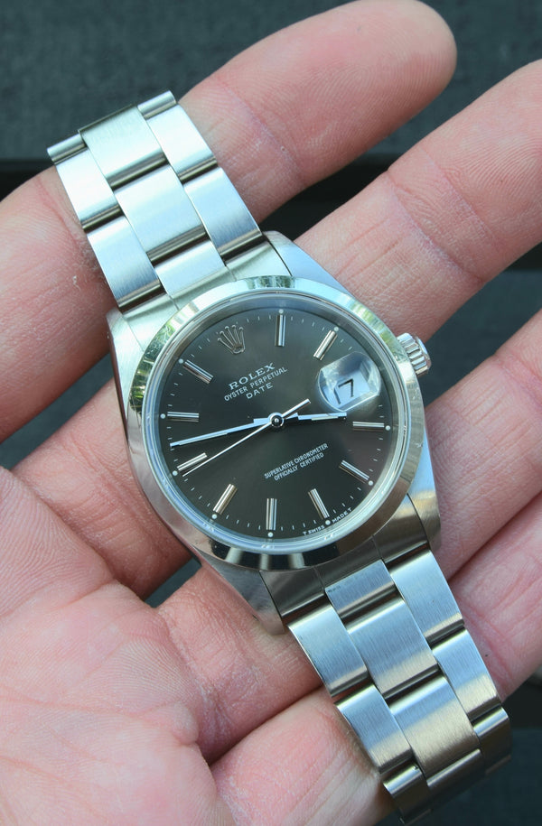 Rolex Oyster Perpetual Date with Charcoal Grey Dial in Stainless Steel Model 15200 with Box and Papers Dated 1990