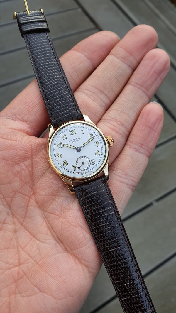 JW Benson with Arabic Numerals, Enamel Dial and Original Box in 9ct Gold 1946