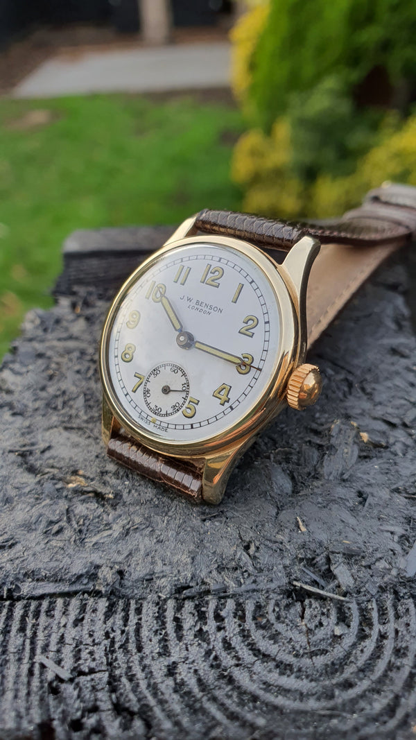 JW Benson with Arabic Numerals, Enamel Dial and Original Box in 9ct Gold 1946