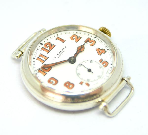 1928 JW Benson London Trench Style Screw Back and Front Silver Dennison Case with Cyma Tavannes Movement