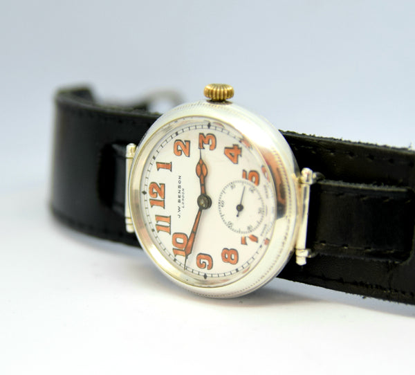 1928 JW Benson London Trench Style Screw Back and Front Silver Dennison Case with Cyma Tavannes Movement