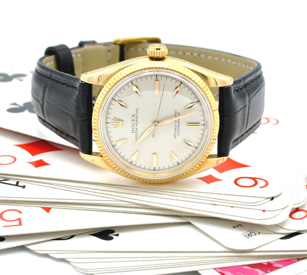 1950s Rolex Oyster Perpetual Chronometer in 18ct Gold Model 6567 with Fluted Bezel and Dagger Markers