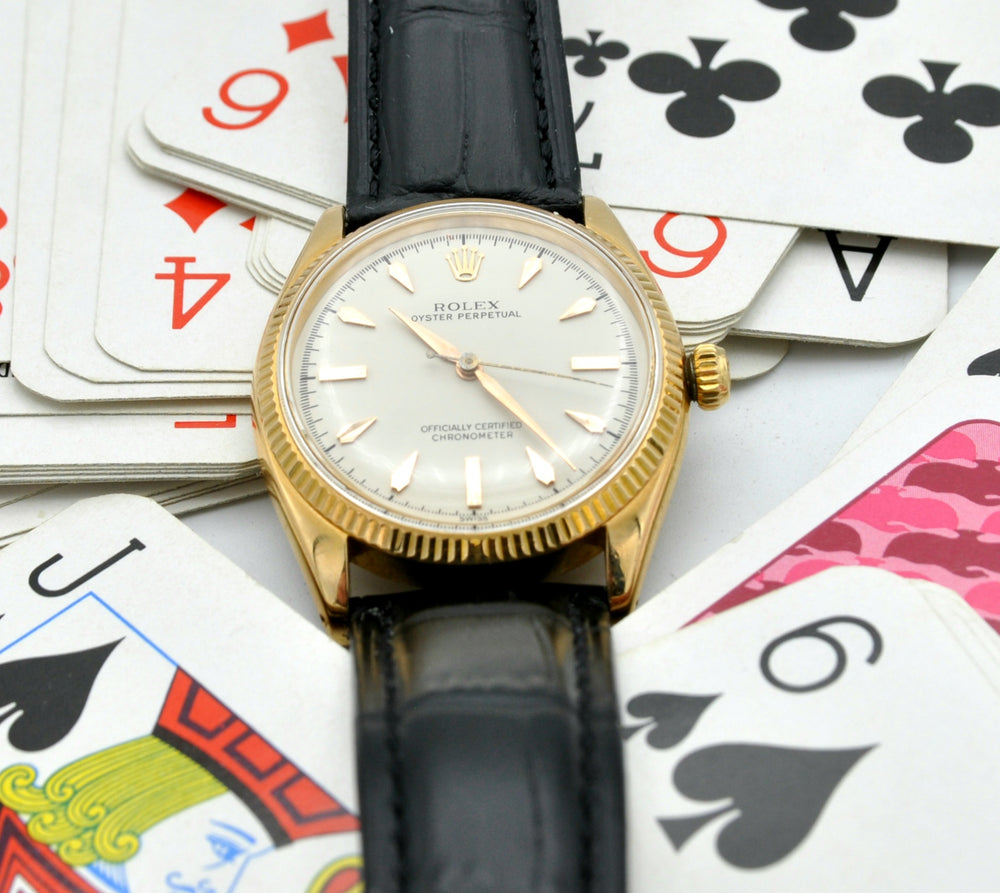 1950s Rolex Oyster Perpetual Chronometer in 18ct Gold Model 6567 with Fluted Bezel and Dagger Markers