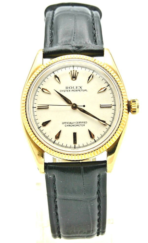 1950s Rolex Oyster Perpetual Chronometer in 18ct Gold Model 6567 with Fluted Bezel and Dagger Markers