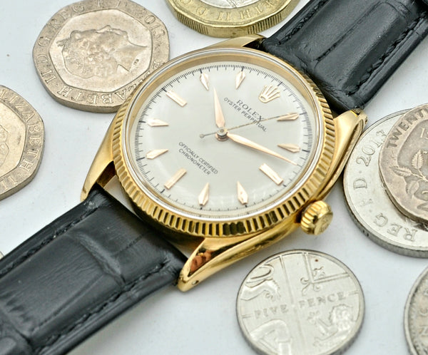 1950s Rolex Oyster Perpetual Chronometer in 18ct Gold Model 6567 with Fluted Bezel and Dagger Markers