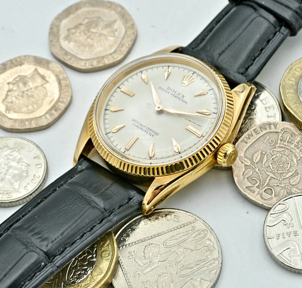 1950s Rolex Oyster Perpetual Chronometer in 18ct Gold Model 6567 with Fluted Bezel and Dagger Markers