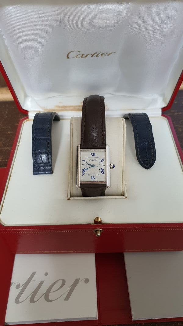 2001 Classic Cartier Full Size Tank with Date & Deployment Buckle Model 2414 with Box and Papers