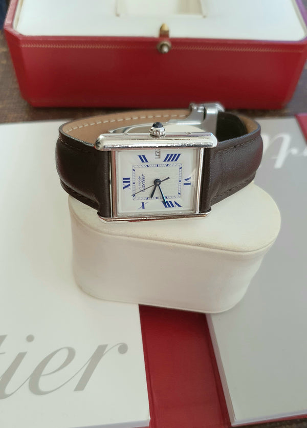 2001 Classic Cartier Full Size Tank with Date & Deployment Buckle Model 2414 with Box and Papers