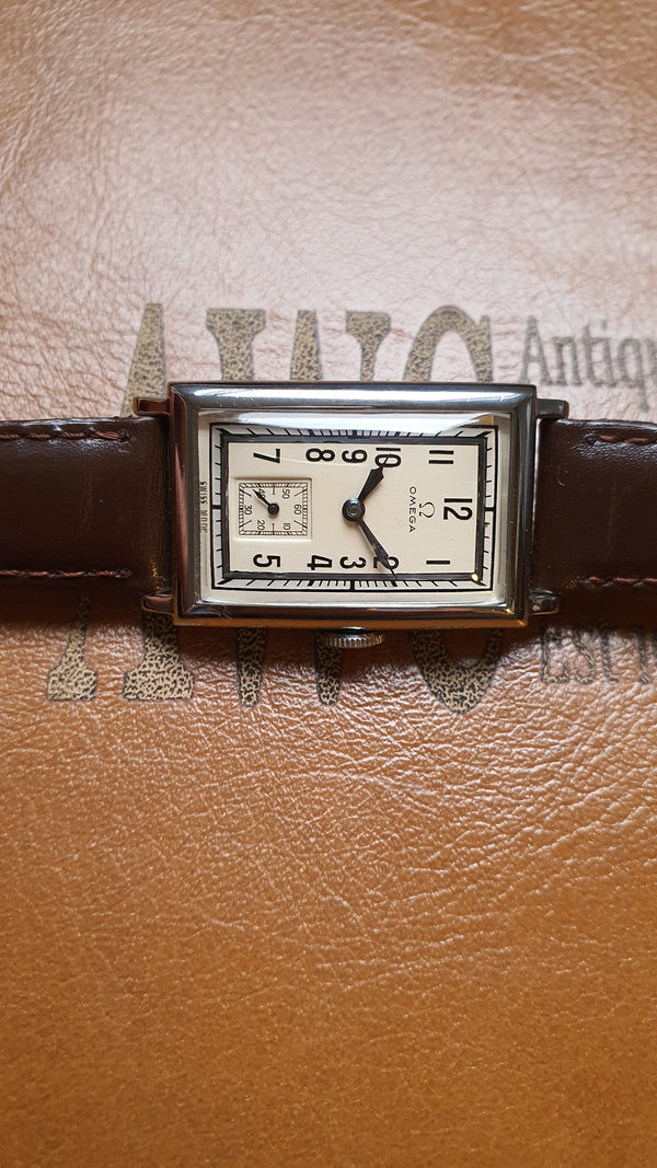 1930s Omega with a Stunning Two Tone Dial Cal T17 in Rectangular Deco-Style Wristwatch in Staybrite Steel Case