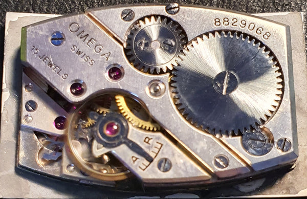 1930s Omega with a Stunning Two Tone Dial Cal T17 in Rectangular Deco-Style Wristwatch in Staybrite Steel Case