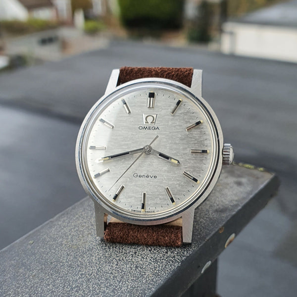 1969 Omega Geneve with Rare Silvered Bark Effect Dial Model 135.070 Manual Wind in Stainless Steel