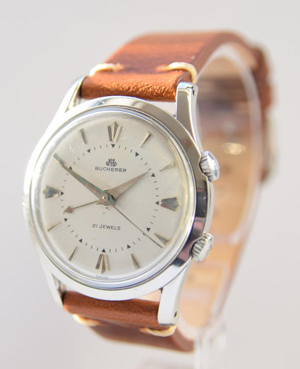 Bucherer Rare swiss Alarm classic wristwatch in Stainless Steel Circa 1960s