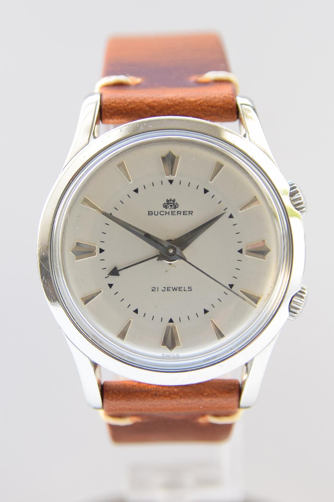 Bucherer Rare swiss Alarm classic wristwatch in Stainless Steel Circa 1960s