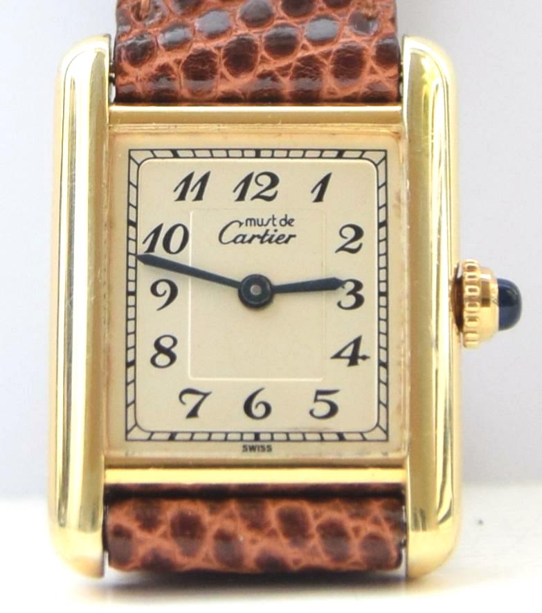 1990s Ladies Swiss Quartz Cartier Tank with Arabic Numerals in Sterling Silver Gilt