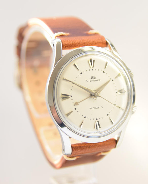 Bucherer Rare swiss Alarm classic wristwatch in Stainless Steel Circa 1960s