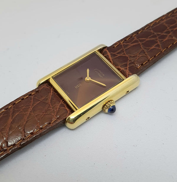Ladies Cartier Tank Mechanical with Burgundy Dial in 925 Silver Gilt 1970s