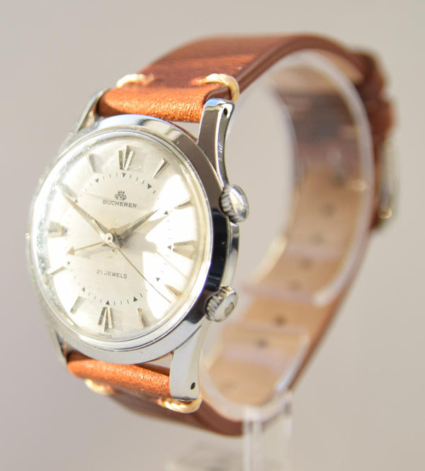 Bucherer Rare swiss Alarm classic wristwatch in Stainless Steel Circa 1960s
