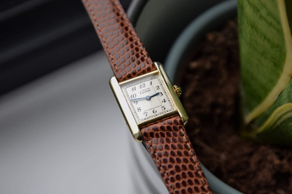 1990s Ladies Swiss Quartz Cartier Tank with Arabic Numerals in Sterling Silver Gilt
