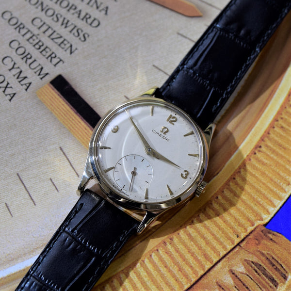 1954 Omega Classic Manual Wind Dress Watch in 9ct Gold with Mixed Arrow and Arabic Numerals Sub Seconds
