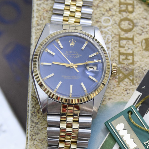 1979 Stunning Rolex Gold & Steel Oyster Perpetual Datejust with Fluted Gold Bezel Blue Dial  Model 16013 + Box, Book & Swing Tags