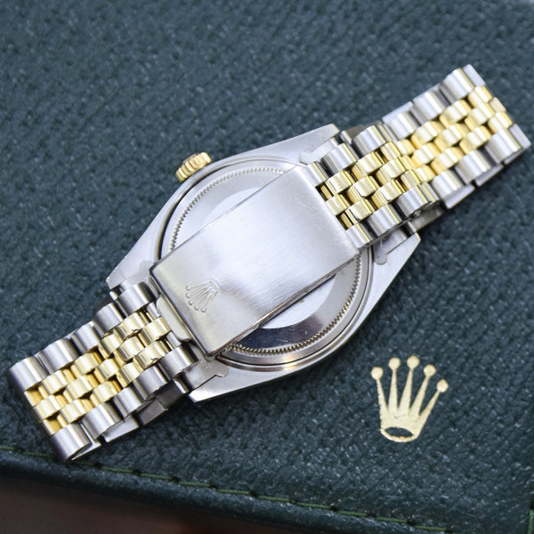1979 Stunning Rolex Gold & Steel Oyster Perpetual Datejust with Fluted Gold Bezel Blue Dial  Model 16013 + Box, Book & Swing Tags