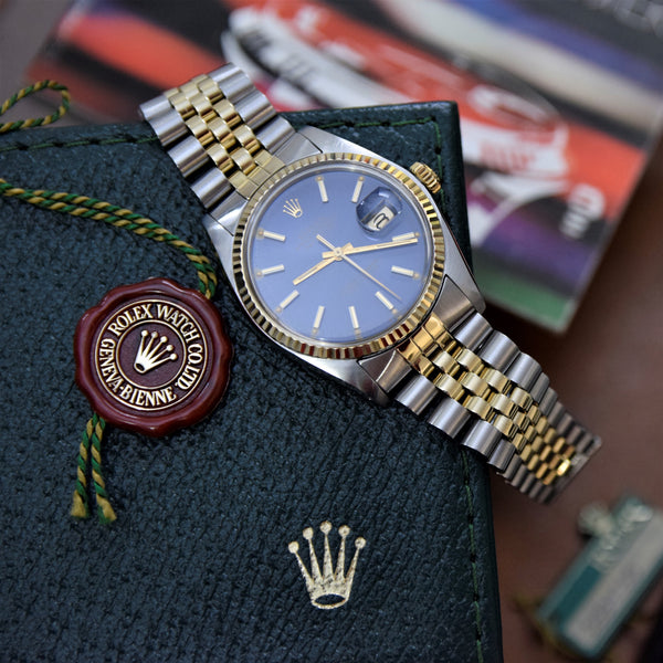 1979 Stunning Rolex Gold & Steel Oyster Perpetual Datejust with Fluted Gold Bezel Blue Dial  Model 16013 + Box, Book & Swing Tags