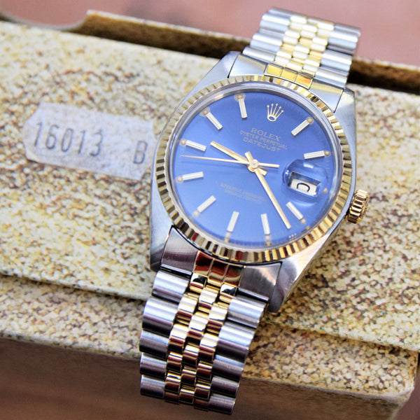 1979 Stunning Rolex Gold & Steel Oyster Perpetual Datejust with Fluted Gold Bezel Blue Dial  Model 16013 + Box, Book & Swing Tags