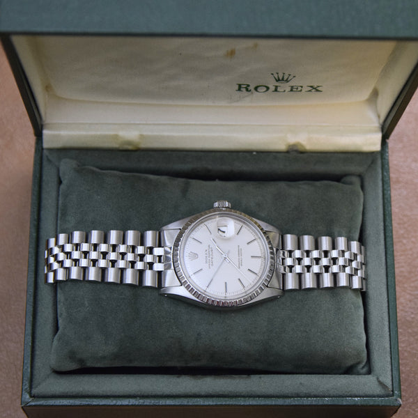 1971 Rolex Oyster Perpetual Datejust with Engine Turned Bezel and Sloped Dial in Stainless Steel Model 1603 with Box