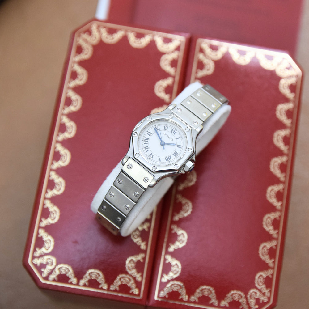 1980s Ladies Cartier Santos Octagonal Classic Automatic in Stainless Steel on Bracelet with Box, Papers and Service History