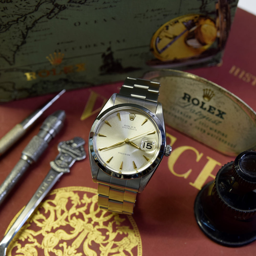 1963 Rolex Oyster Date Precision Model 6694 with Satin Silver Dial and Arrow Markers in Stainless Steel on Oyster Bracelet