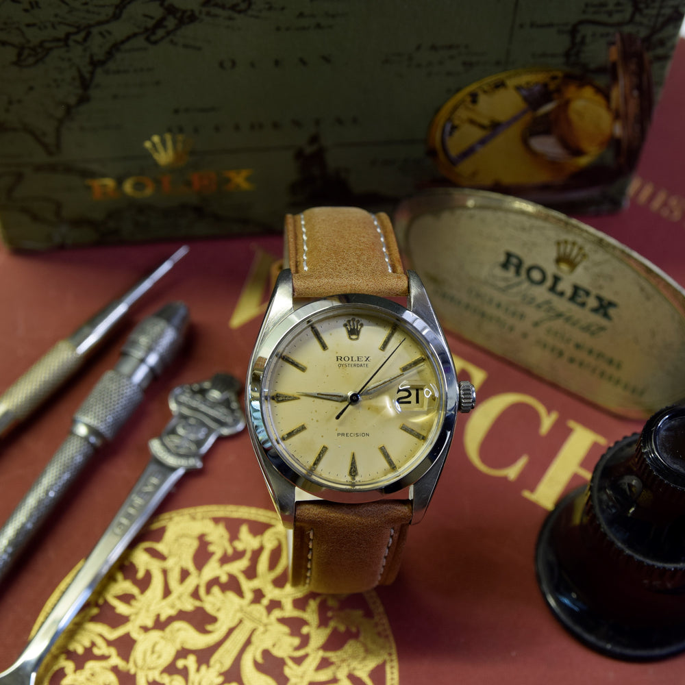1960 Rolex Oysterdate Precision Wristwatch with Stunning Patina Dial in Stainless Steel on Leather Model 6694