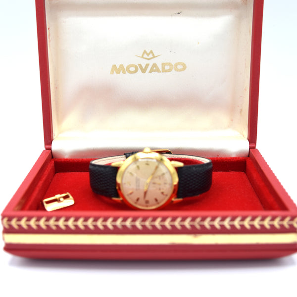 1950 Movado Bumper Automatic 'Calatrava' in Solid 18ct Gold with Box and 18ct Gold Buckle