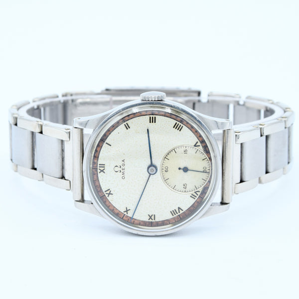 1939 Rare Omega Calatrava Military-Style Chapter Ring Patina Dial in Unpolished Stainless Steel on 1940s Bracelet Caliber 30T2