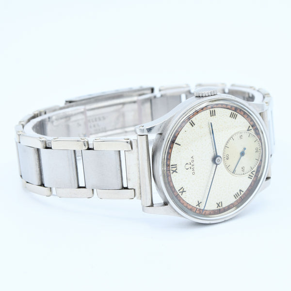 1939 Rare Omega Calatrava Military-Style Chapter Ring Patina Dial in Unpolished Stainless Steel on 1940s Bracelet Caliber 30T2