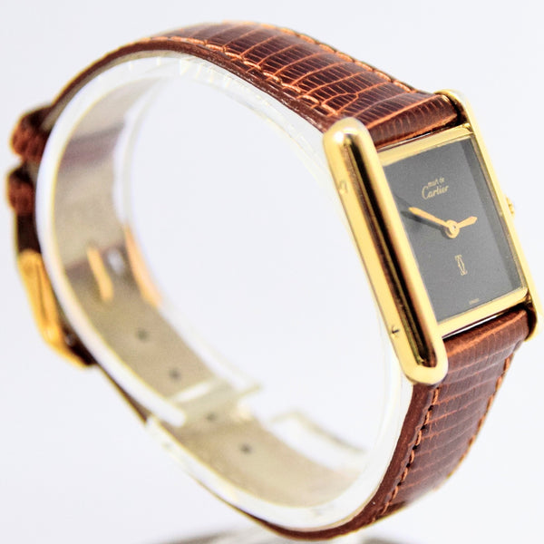 1970s Cartier Ladies Tank Mechanical Manual Wind with Black Onyx-Type Dial