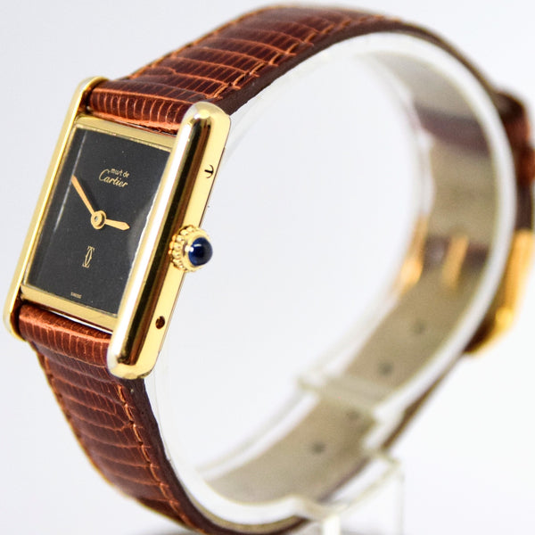 1970s Cartier Ladies Tank Mechanical Manual Wind with Black Onyx-Type Dial