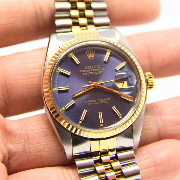 1979 Stunning Rolex Gold & Steel Oyster Perpetual Datejust with Fluted Gold Bezel Blue Dial  Model 16013 + Box, Book & Swing Tags