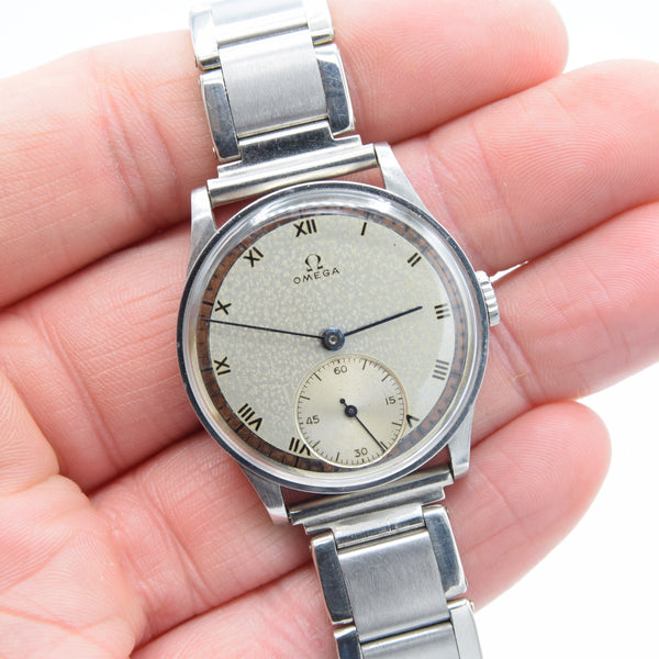 1939 Rare Omega Calatrava Military-Style Chapter Ring Patina Dial in Unpolished Stainless Steel on 1940s Bracelet Caliber 30T2