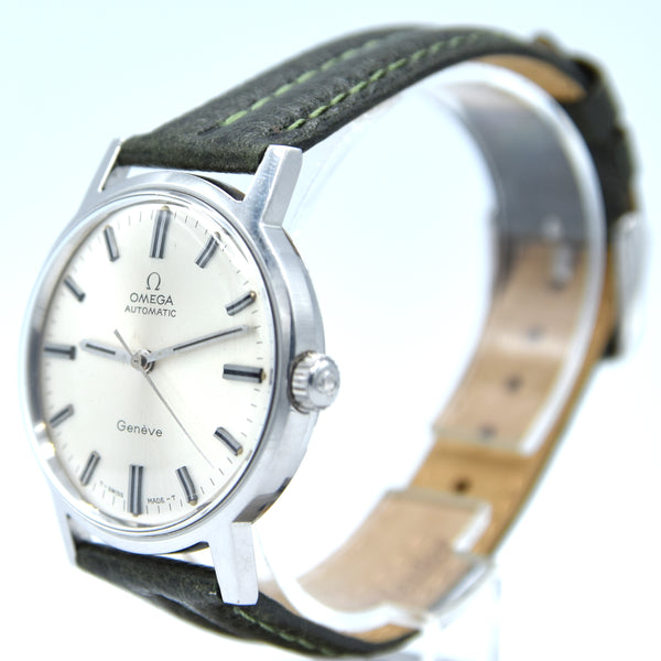 1971 Omega Genève Automatic with Satin Silver Sunburst Dial and Onyx Inset Markers in Stainless Steel Model 165.070