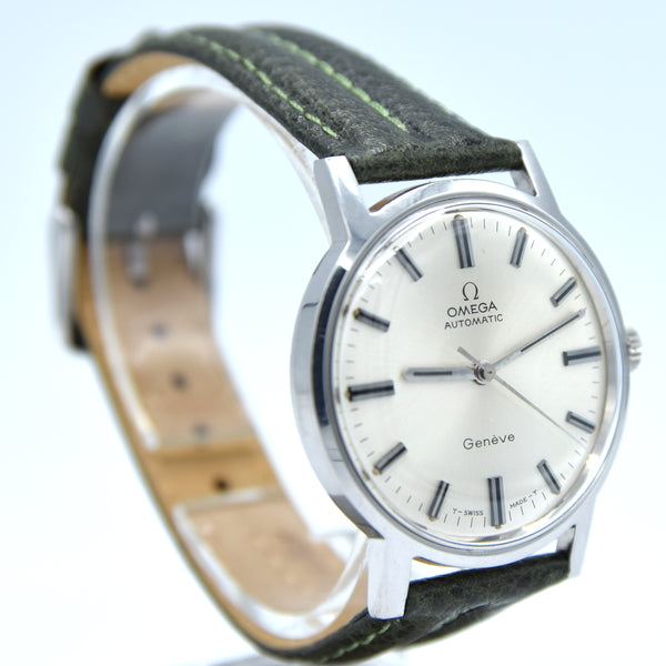 1971 Omega Genève Automatic with Satin Silver Sunburst Dial and Onyx Inset Markers in Stainless Steel Model 165.070