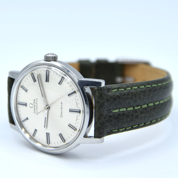 1971 Omega Genève Automatic with Satin Silver Sunburst Dial and Onyx Inset Markers in Stainless Steel Model 165.070