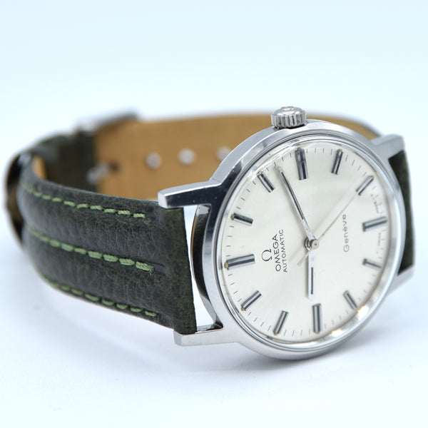 1971 Omega Genève Automatic with Satin Silver Sunburst Dial and Onyx Inset Markers in Stainless Steel Model 165.070