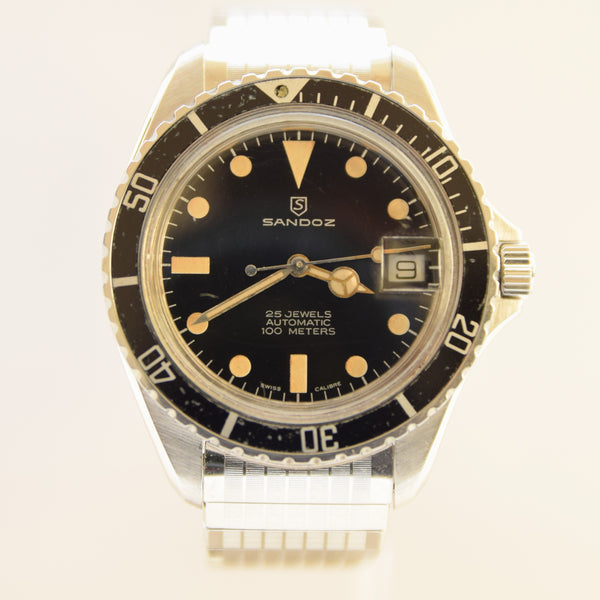 1970s Sandoz Swiss Divers Submariner-Style Wristwatch with Date in Stainless Steel