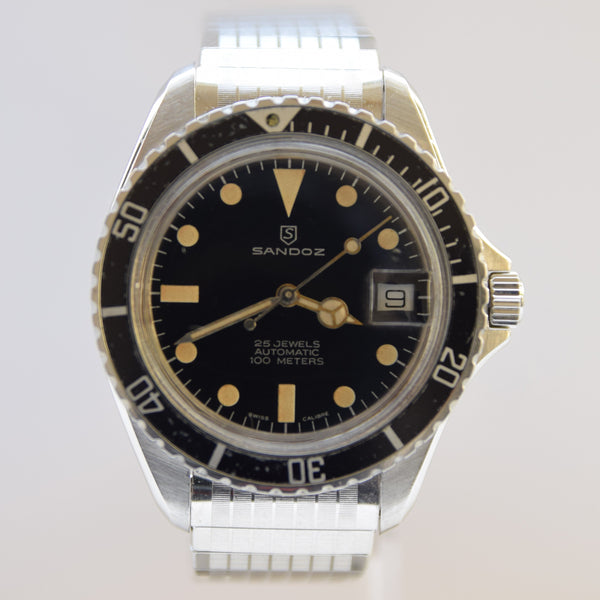1970s Sandoz Swiss Divers Submariner-Style Wristwatch with Date in Stainless Steel