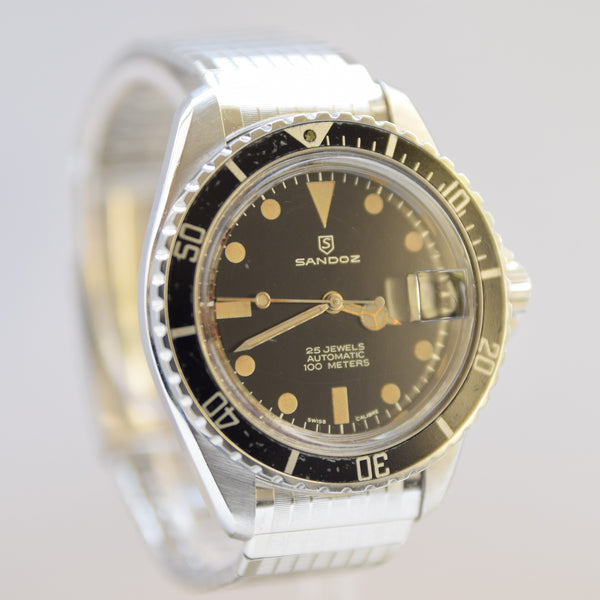 1970s Sandoz Swiss Divers Submariner-Style Wristwatch with Date in Stainless Steel