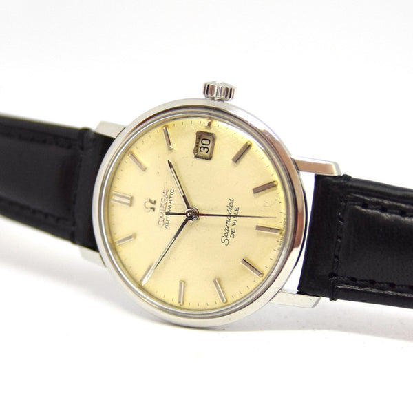 1965 Omega Automatic Seamaster De Ville Date Model 166.020 Wristwatch with Linen Dial with Hippocampus Back in Stainless Steel
