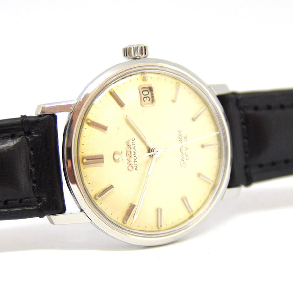 1965 Omega Automatic Seamaster De Ville Date Model 166.020 Wristwatch with Linen Dial with Hippocampus Back in Stainless Steel