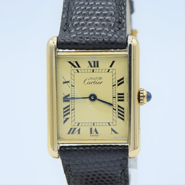 1990s Classic Cartier Quartz Tank with Roman Numerals Dial in 925 Silver Gilt Vermeil