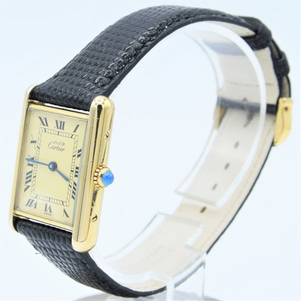 1990s Classic Cartier Quartz Tank with Roman Numerals Dial in 925 Silver Gilt Vermeil